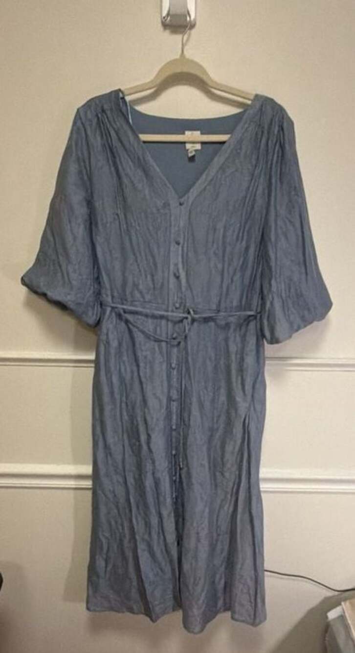Joie Button-Front Midi Dress Size L Blue Belted V-Neck Short Sleeve